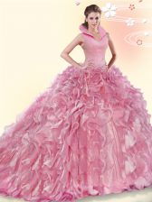 High Quality Pink Sleeveless Beading and Ruffles Backless Quinceanera Dress