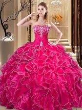  Organza Sweetheart Sleeveless Lace Up Embroidery and Ruffles Sweet 16 Dresses in Hot Pink
