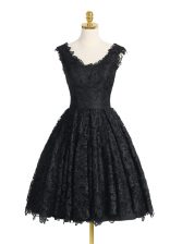 Suitable Black V-neck Zipper Lace Prom Dress Sleeveless