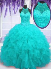  Floor Length Lace Up 15 Quinceanera Dress Aqua Blue for Military Ball and Sweet 16 and Quinceanera with Beading and Ruffles