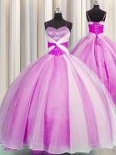 Fitting Organza Spaghetti Straps Sleeveless Lace Up Beading and Sequins and Ruching Ball Gown Prom Dress in Fuchsia