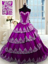  Eggplant Purple Ball Gowns Sweetheart Sleeveless Taffeta With Train Lace Up Beading and Appliques and Ruffled Layers Sweet 16 Quinceanera Dress