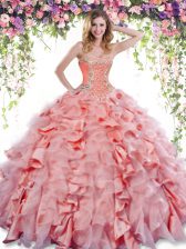 Fabulous Watermelon Red Sleeveless Floor Length Beading and Ruffles Lace Up Quinceanera Dresses