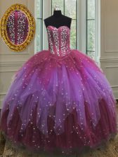 Pretty Multi-color Tulle Lace Up Vestidos de Quinceanera Sleeveless Floor Length Beading and Ruffles and Sequins