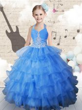 High End Halter Top Sleeveless Beading and Ruffled Layers Lace Up Little Girls Pageant Gowns