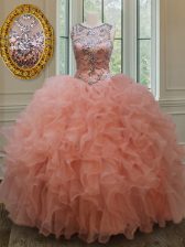 Extravagant Scoop See Through Floor Length Ball Gowns Sleeveless Peach Vestidos de Quinceanera Lace Up