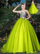  Scoop Sleeveless Quinceanera Dresses Court Train Beading and Appliques and Belt Yellow Green Organza