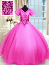 Dazzling Hot Pink Lace Up Sweet 16 Dresses Appliques Short Sleeves Floor Length