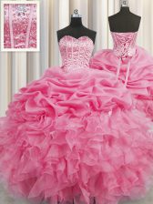  Visible Boning Rose Pink Ball Gowns Organza Sweetheart Sleeveless Beading and Ruffles and Pick Ups Floor Length Lace Up Sweet 16 Dress