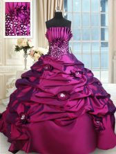 Edgy Purple Ball Gowns Taffeta Strapless Sleeveless Beading and Sequins Lace Up Quince Ball Gowns Brush Train