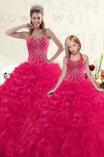  Sweetheart Sleeveless Quinceanera Gown Floor Length Beading and Ruffles Hot Pink Organza