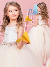 Fantastic Champagne Ball Gowns Scoop Sleeveless Tulle Floor Length Lace Up Appliques and Bowknot Flower Girl Dress