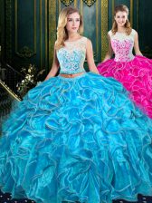  Baby Blue Two Pieces Scoop Sleeveless Organza Floor Length Zipper Lace and Ruffles Quinceanera Dress
