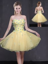  Light Yellow Organza Lace Up Evening Dress Sleeveless Mini Length Appliques