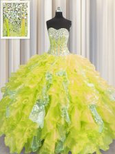  Visible Boning Yellow Sleeveless Floor Length Beading and Ruffles and Sequins Lace Up Quinceanera Dresses