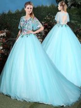 On Sale Aqua Blue Ball Gowns Tulle Scoop Half Sleeves Appliques Lace Up Sweet 16 Dresses Brush Train
