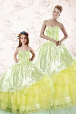  Embroidery and Ruffled Layers 15th Birthday Dress Light Yellow Lace Up Sleeveless Floor Length