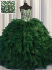 Ideal Visible Boning Bling-bling Sweetheart Sleeveless Organza Quinceanera Gown Beading Brush Train Lace Up