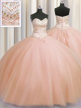 Glamorous Bling-bling Really Puffy Floor Length Ball Gowns Sleeveless Peach Quince Ball Gowns Lace Up