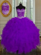 Fitting Eggplant Purple Lace Up Sweet 16 Dress Beading and Ruffles Sleeveless Floor Length