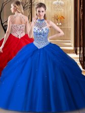 Pretty Royal Blue Tulle Lace Up Halter Top Sleeveless With Train Vestidos de Quinceanera Brush Train Beading and Pick Ups