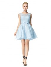 Cute Scoop Light Blue Sleeveless Mini Length Lace and Belt Zipper Prom Dress