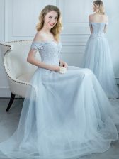 New Style Off The Shoulder Cap Sleeves Dama Dress Floor Length Beading and Appliques Light Blue Tulle