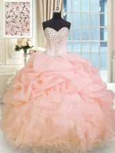 Simple Baby Pink Ball Gowns Beading and Ruffles 15 Quinceanera Dress Lace Up Organza Sleeveless Floor Length
