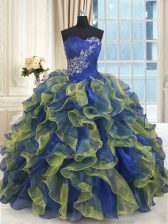 Dazzling Sleeveless Organza Floor Length Lace Up Sweet 16 Dress in Multi-color with Beading and Ruffles