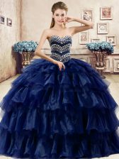 Romantic Ruffled Layers 15 Quinceanera Dress Navy Blue Lace Up Sleeveless Floor Length