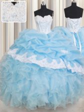 High Class Sleeveless Organza Floor Length Lace Up Quinceanera Gown in Baby Blue with Beading and Lace and Ruffles and Pick Ups