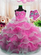 Elegant Ruffled Floor Length Ball Gowns Sleeveless Hot Pink Little Girls Pageant Gowns Zipper