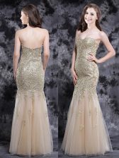 Luxurious Champagne Mermaid Appliques Prom Gown Zipper Tulle Sleeveless Floor Length