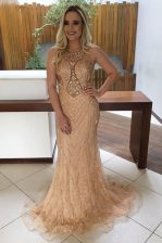  Mermaid Scoop Lace With Train Backless Prom Gown Champagne for Prom with Beading Sweep Train