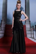 Vintage Scoop Black Satin Zipper Prom Dresses Sleeveless Floor Length Beading and Lace and Hand Made Flower