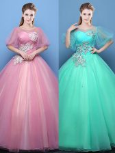 Smart Scoop Pink and Turquoise Lace Up Ball Gown Prom Dress Appliques Half Sleeves Floor Length
