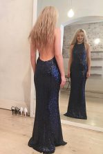  Mermaid Scoop Navy Blue Sleeveless Floor Length Sequins Backless Prom Dress