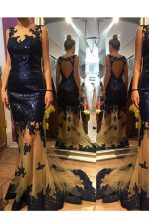 Elegant Scalloped Navy Blue Sleeveless Brush Train Sequins With Train Prom Party Dress