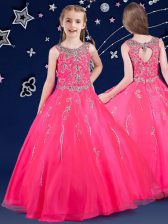 On Sale Hot Pink A-line Organza Scoop Sleeveless Beading Floor Length Zipper Little Girls Pageant Dress