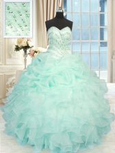 Trendy Apple Green Organza Lace Up Sweetheart Sleeveless Floor Length Sweet 16 Dress Beading and Ruffles