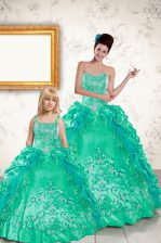  Floor Length Lace Up Quinceanera Gown Turquoise for Military Ball and Sweet 16 and Quinceanera with Beading and Embroidery and Pick Ups