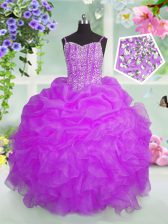  Pick Ups Ball Gowns Kids Pageant Dress Fuchsia Spaghetti Straps Organza Sleeveless Floor Length Lace Up