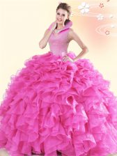 Fabulous Floor Length Hot Pink Ball Gown Prom Dress High-neck Sleeveless Backless