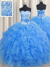 Admirable Handcrafted Flower Baby Blue Sleeveless Floor Length Beading and Ruffles and Hand Made Flower Lace Up 15th Birthday Dress