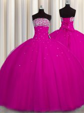 Puffy Skirt Strapless Sleeveless Tulle 15th Birthday Dress Beading and Sequins Lace Up