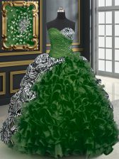 Custom Fit Dark Green Ball Gowns Organza and Printed Sweetheart Sleeveless Beading and Ruffles and Pattern With Train Lace Up Quinceanera Dress Brush Train