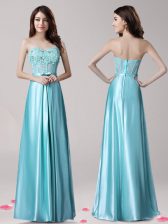 High Class Floor Length Zipper Prom Party Dress Aqua Blue for Prom and Party with Beading and Appliques and Bowknot