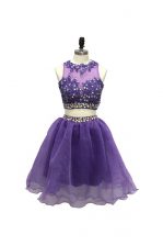  Scoop Lavender Sleeveless Knee Length Beading and Appliques Side Zipper Prom Evening Gown