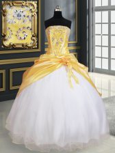 Dazzling Yellow And White Lace Up Sweet 16 Dresses Beading and Pick Ups and Hand Made Flower Sleeveless Floor Length