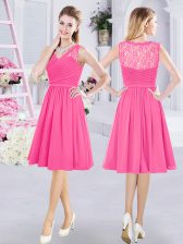 Custom Made V-neck Sleeveless Damas Dress Knee Length Lace and Ruching Hot Pink Chiffon